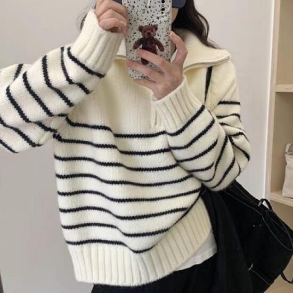 Navava Men Warm Daily Stripe Half Zip Long Sleeve Knit Sweater Nk3446