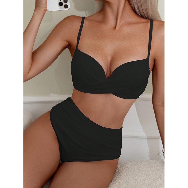 

Бикини с V-образным вырезом, на тонких бретелях, с закруткой, с высокой талией, купальник из двух частей, пляжный наряд, лето S чёрный