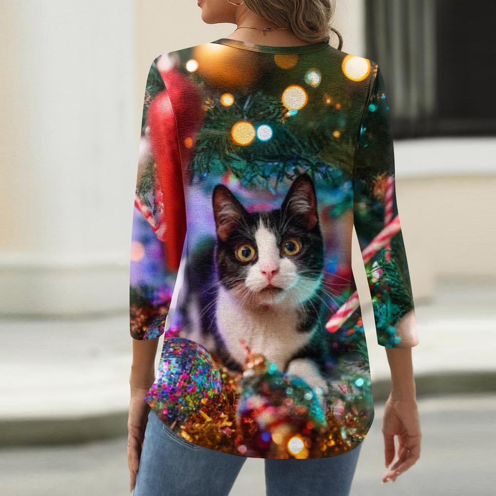 Women's Fashionable Casual Christmas Printed V-neck Three-quarter Sleeve Decorated Button Top