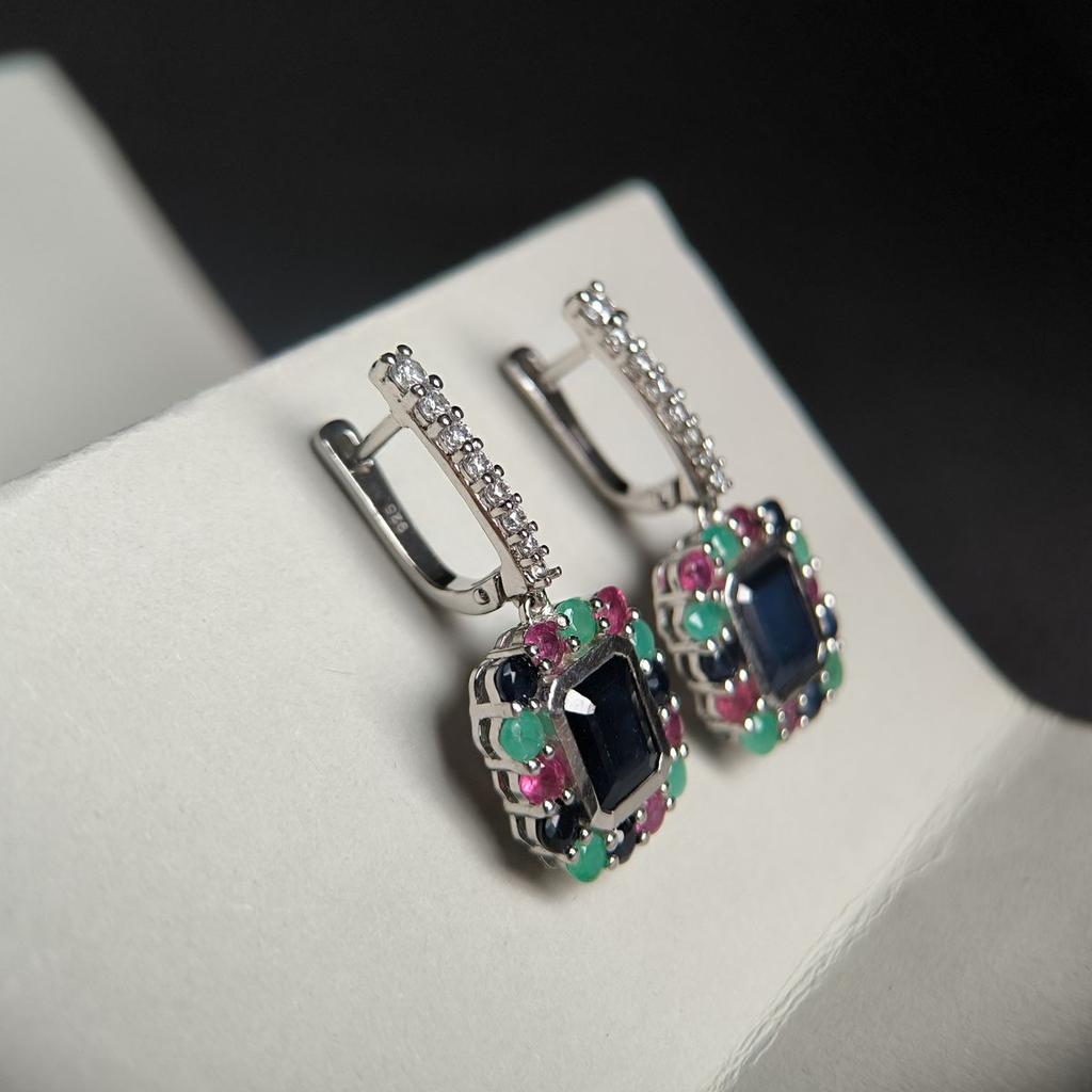 Silver Earrings with Natural Sapphire 4.05ct, Emerald, Ruby (2182399)