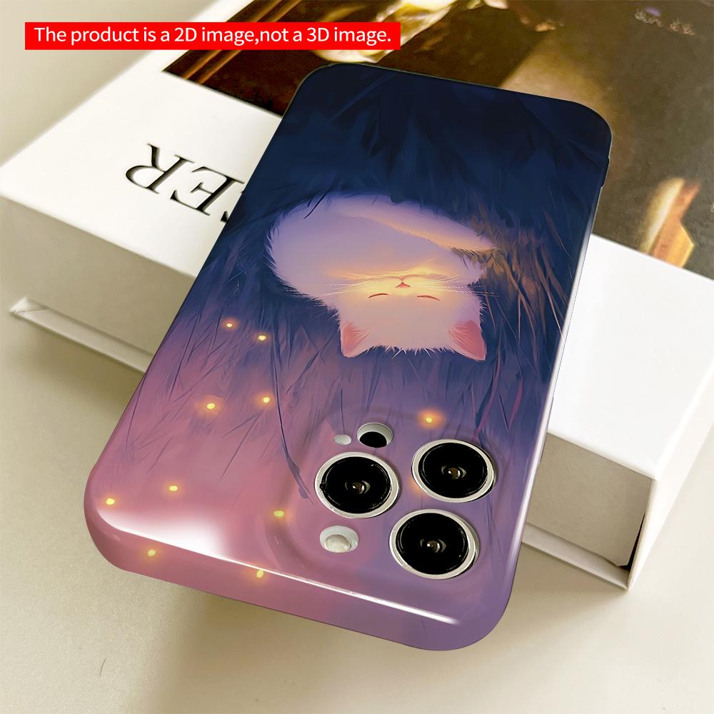 2DFlat Glowing White Cat In Starlit Grass All Inclusive Film Hard Phone Case, Compatible with iPhone 18 Pro Max 17 16 15 14 13 12 11