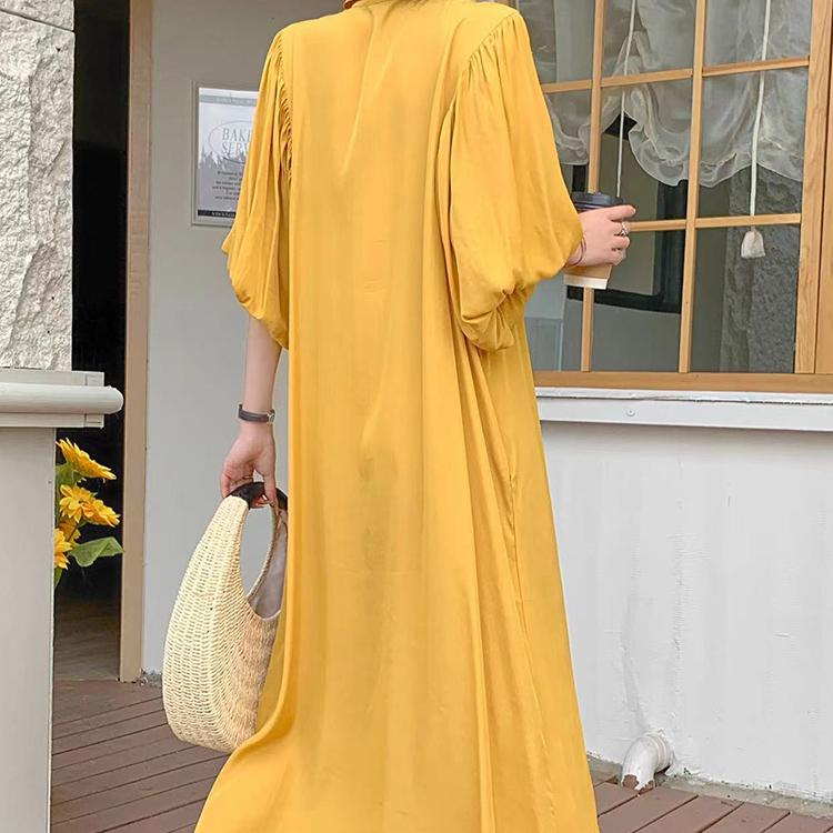 Solid Color Single Breasted Lapel Half Bubble Sleeve Long Dress For Women's Loose Clothes  Spring Summer Shirt Dress