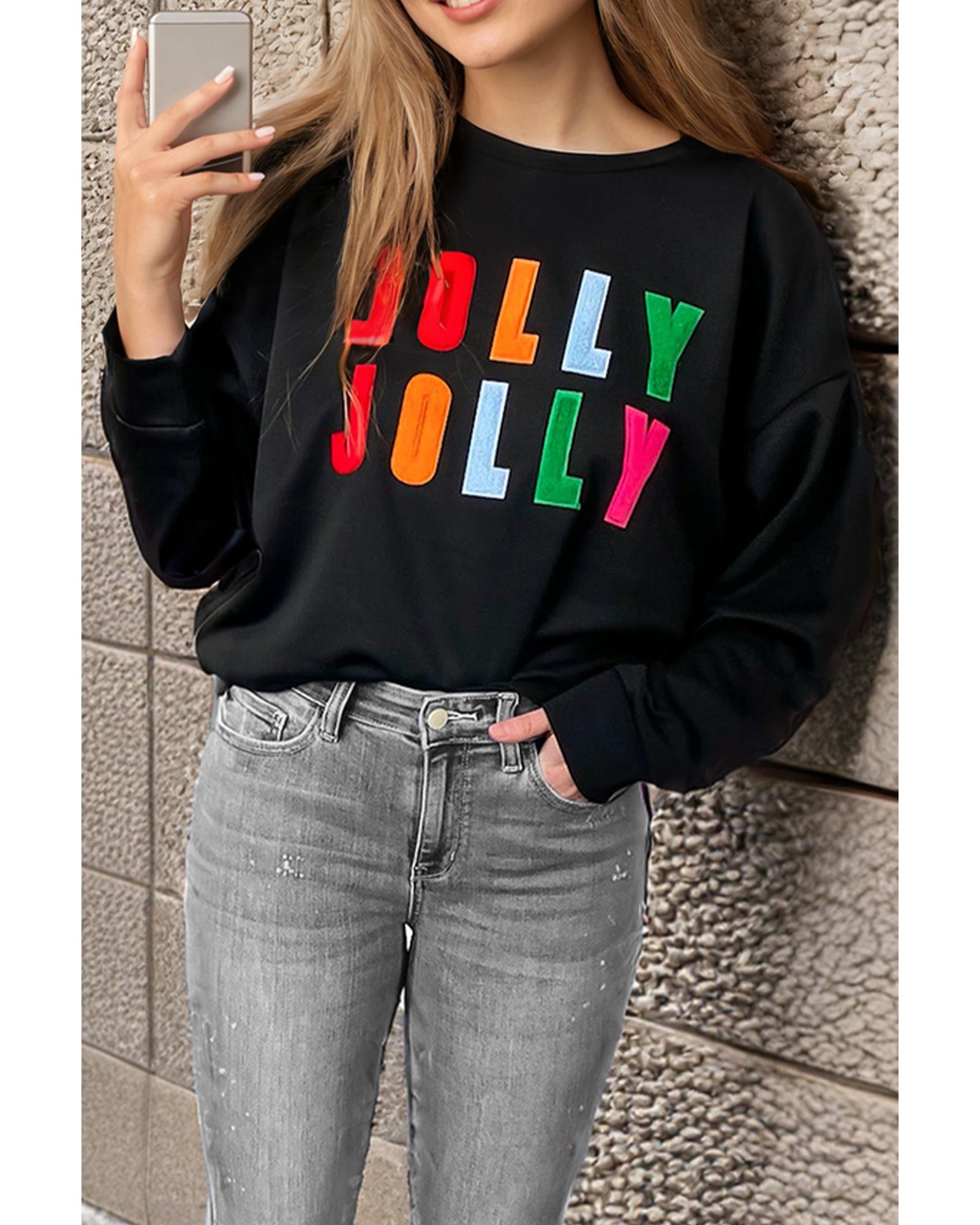 

Azura Exchange Black Chenille Holly Jolly Graphic Long Sleeve Top M чорний
