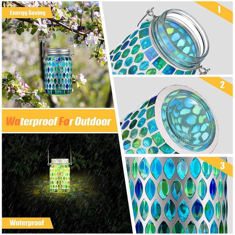 Solar Powered Mosaic Glass Mason Jar Lantern, Colorful Hanging Garden Light, Waterproof Outdoor Decor for Patio Yard