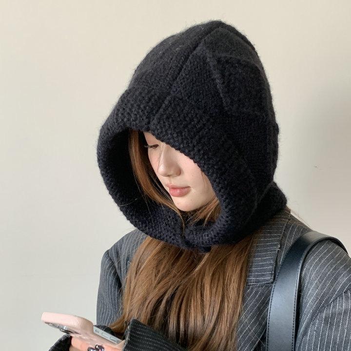 Wool Knitted Large Version Balaclava Hat Women's Warm Coarse Linen Pattern Horn Buckle Ear Protector Pullover Hat