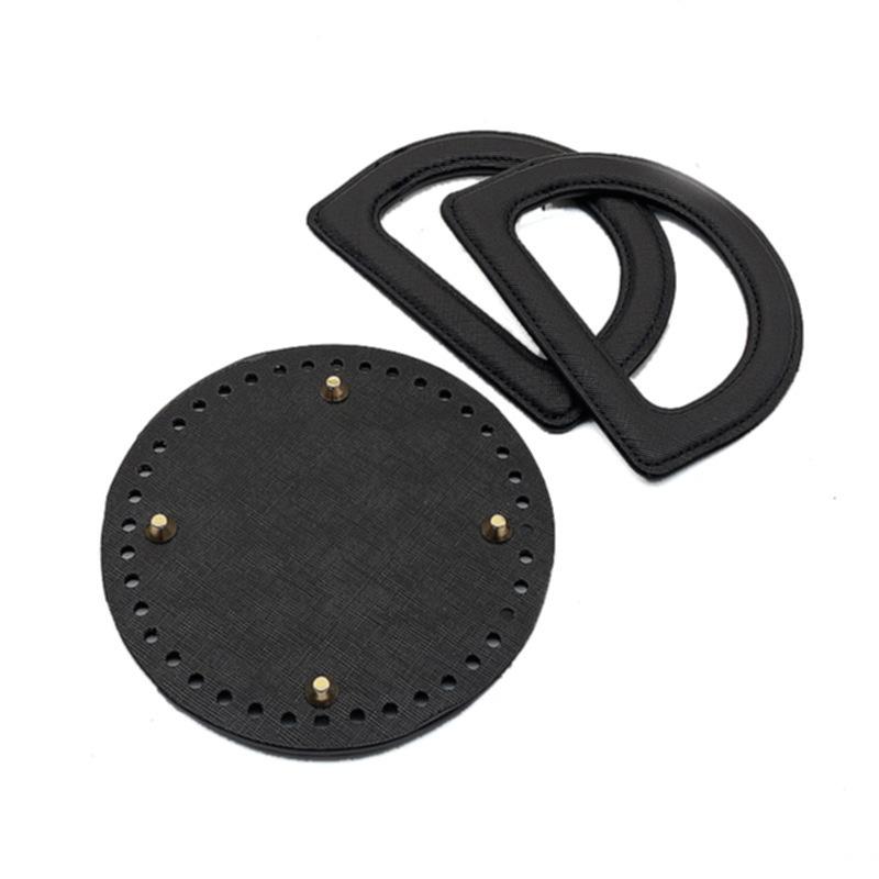 3Pcs/Set Handmade Bag Accessories, Same Color Leather D-Shaped Handle, Leather Bag Bottom, Yarn Weaving DIY Materials