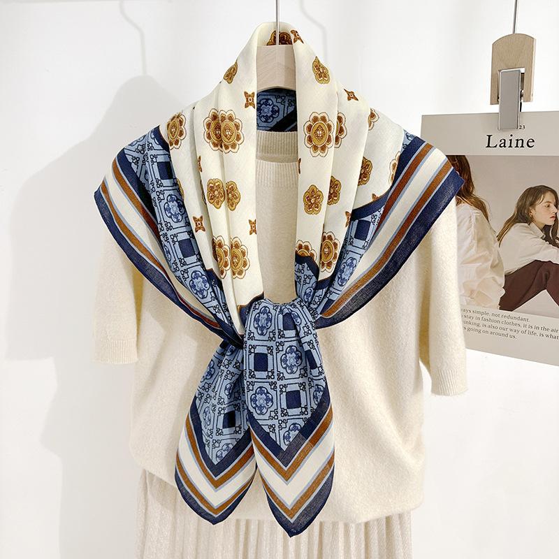 Spring and Summer Fashionable and Fashionable Women's Geometric Floral Printed Silk Scarf for Women's High-end Temperament Herringbone Square Scarf
