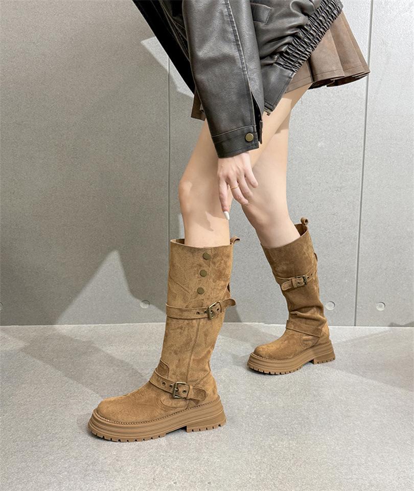 

2025 новые ботинки ботинки ботинки женские кожаные ботинки высокие рыцарские ботинки на толстой подошве ботинки Мартина но ботфорты 39 хаки