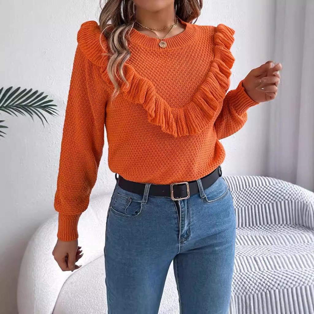 HNXC Elegant Solid Color Ruffled Long-sleeved Pullover Sweater for Women's Autumn and Winter