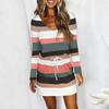 Women's Fasion Casual Stripe Printed Waist Tie Pocket  A-line Long-sleeve Dress