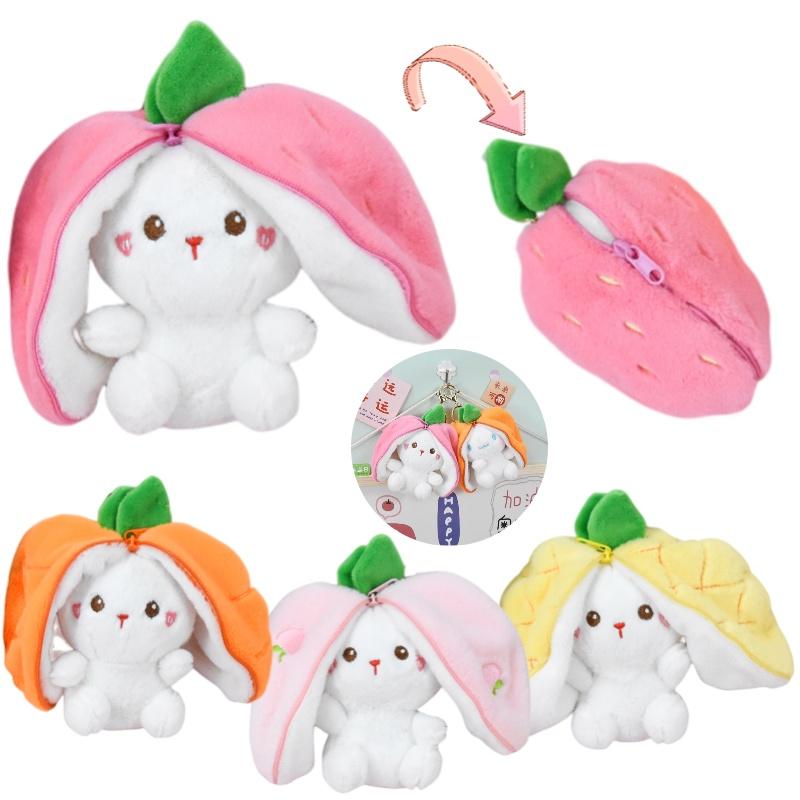 Schattig Aardbeien Konijn Pluche Speelgoed Sleutelhanger Fruit Transformatie Pop Tas Hanger