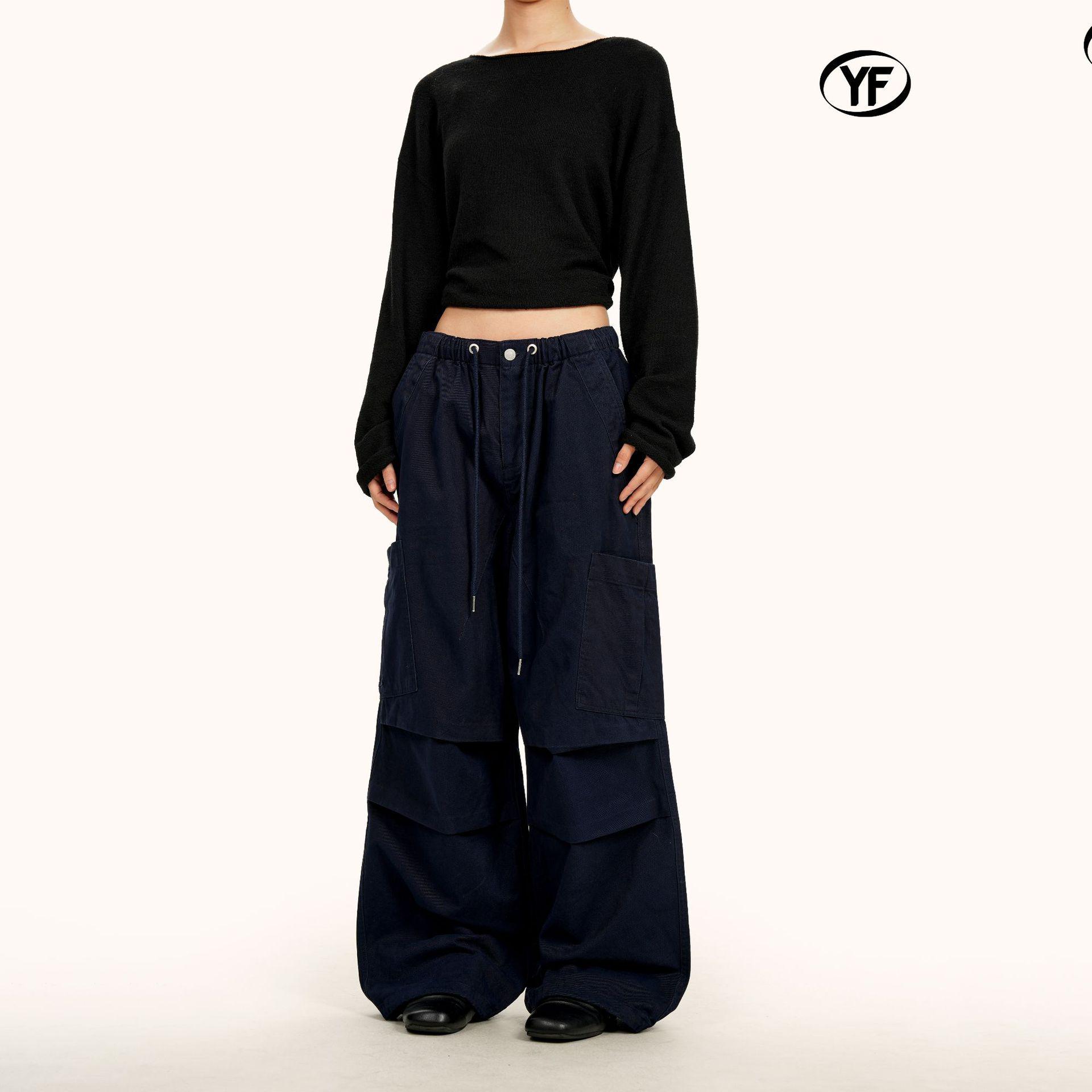 Yongfang Unisex Retro Drawstring Cargo Pants, Loose Fit, Double Pleated, Multi-Pocket, Trendy Straight Wide Leg Design XS
