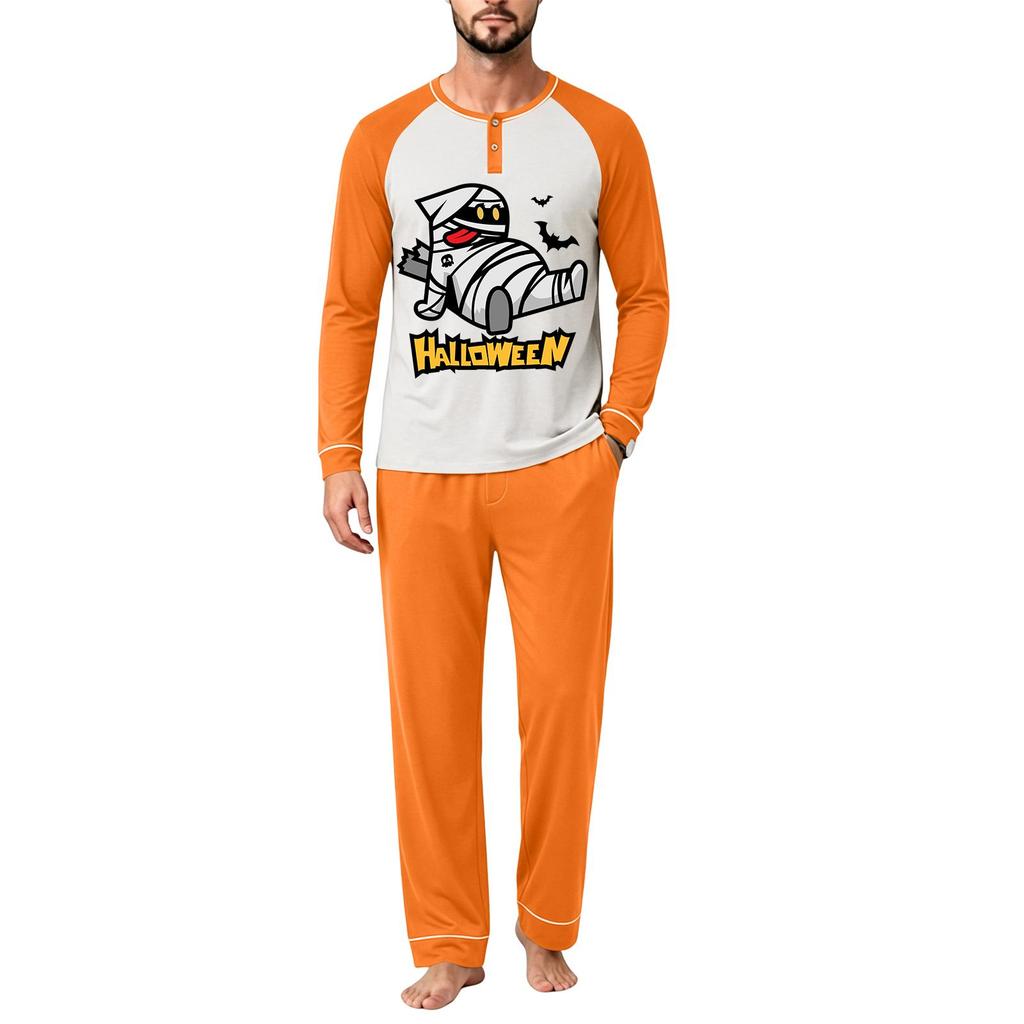 Men's Casual Loose Fit Raglan Sleeve Pajama Set with Halloween Letter Print