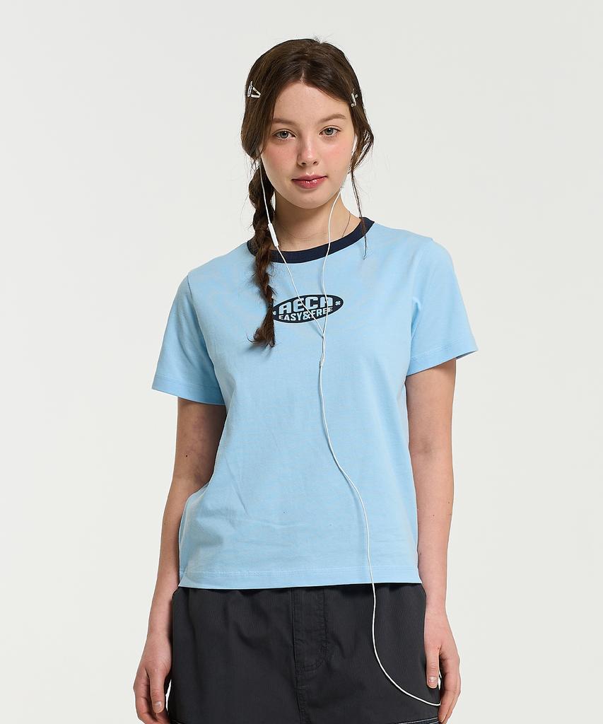 AECA (Woman) Aeca Oval Emblem Graphic Ringer Half Sleeve Tee-Sky Blue