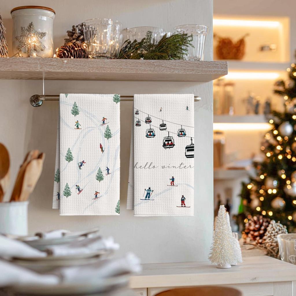 Artoid Mode Xmas Trees Cable Car Ski Winter Bar Kitchen Towels, 12x24 Inch Quick Dry Microfiber Cloth Dish Towels for Kitchen Drying Set of 2