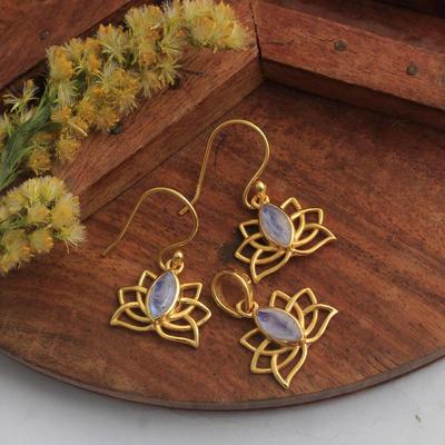 Boucle d'oreille pendentif Lotus pierre de lune plaqué or jaune, argent sterling 925, bijoux avec pierre de naissance de juin