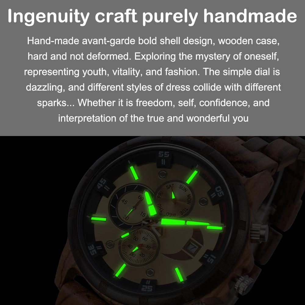 Men's Quartz Wooden Watch with Luminous Multifunctional Large Dial