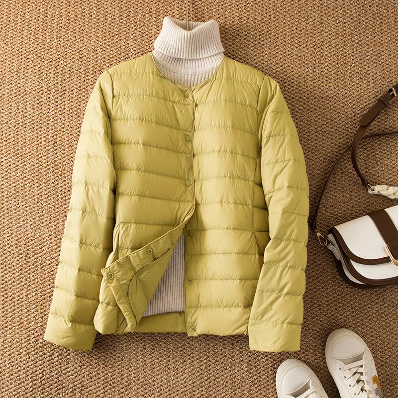 

2024 Женская короткая куртка на белом утином пуху - тонкая, теплая, большого размера, с круглым вырезом L