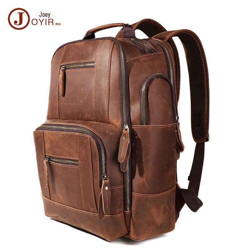Men's Large Genuine Leather Crazy Horse Backpack - High-Capacity, Business Casual
