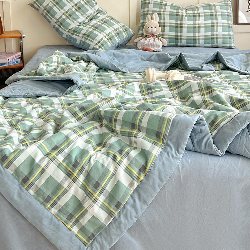 Plaid Summer Cool Quilt Washed Cotton Comfortable Lightweight Air Condition Thin Comforter Simple Feather Blanket for Adults Kid