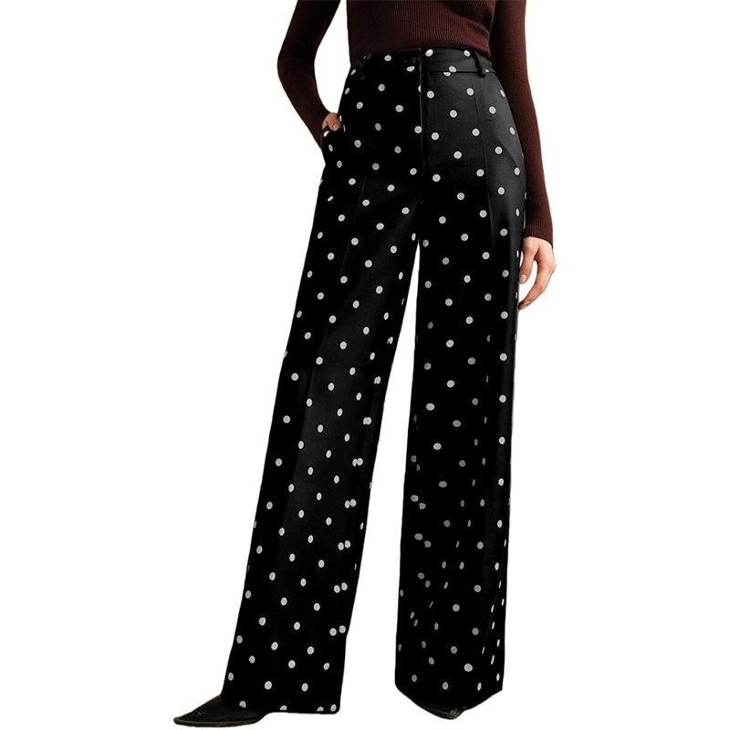 Women's High Waist Wide Leg Pants with Polka Dot Pattern and Button Detail in Multiple Colors