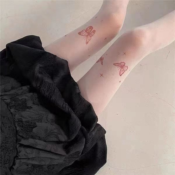 Y2K Butterfly Print Transparent Silk Pantyhose For Women Vintage Ultra-Thin High Stockings Nylon Tights Legging Lolita Girl Scok