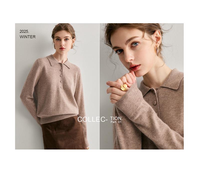 Women's 100% Pure Cashmere Polo Collar Sweater - Autumn/Winter Long Sleeve Loose Knitted Pullover