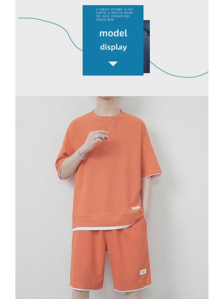 Men's Hong Kong Style Loose Two-Piece Waffle Sports Suit