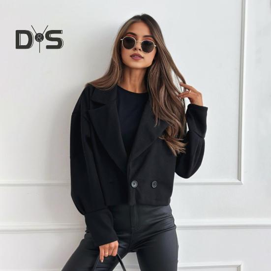 Casaco feminino outono inverno curto tipo gola virada para baixo cor sólida solto fecho de botão cardigan OL jaqueta de deslocamento feminino uso diário