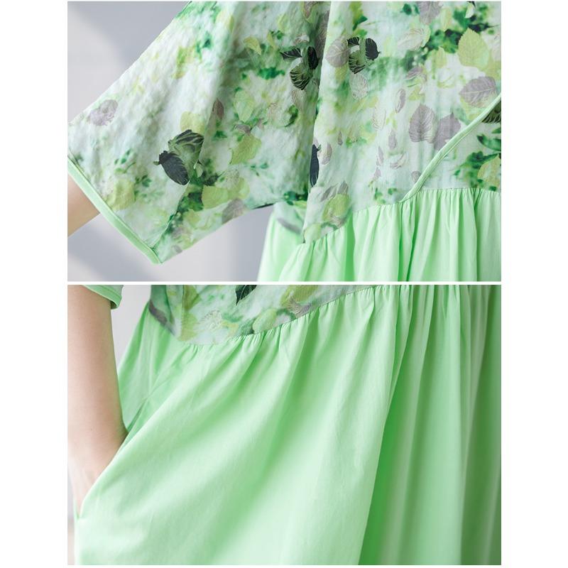 DIMANAF 2025 Summer Women New Plus Size Dress Spliced Basic Casual Loose Long Vintage V-Neck Pleated Dress Maxi