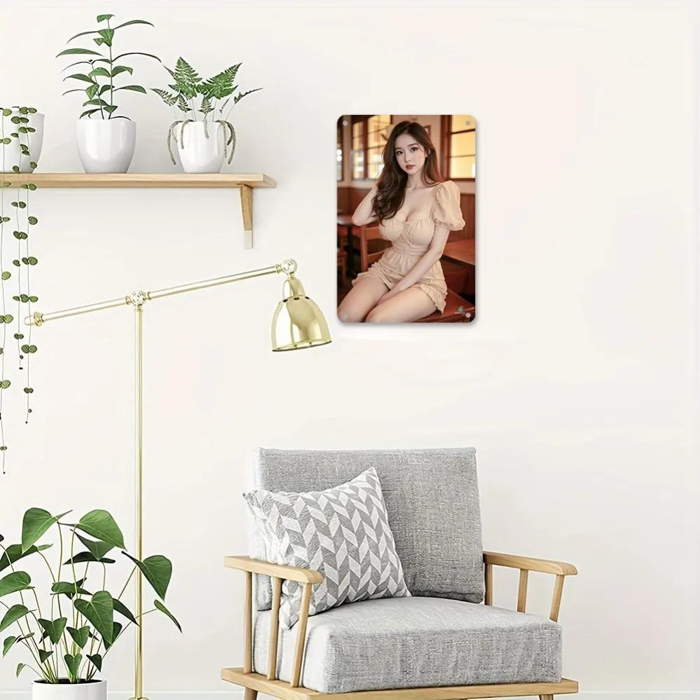 Vintage Metal Wall Art 8x12 Inch Elegant Lady White Dress Brown Hat Home Decor