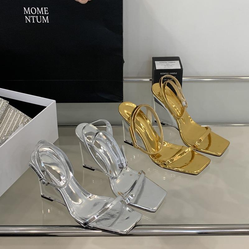 Square head open-toed transparent crystal high-heeled women's shoes wind spring and summer new one-word buckle with wedge heel sandals