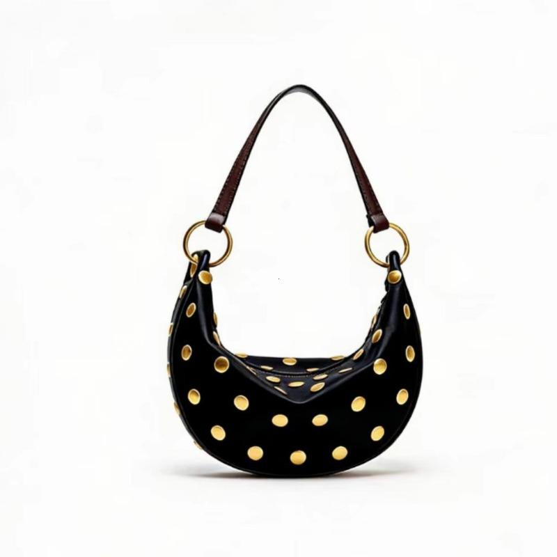 Vintage Gold Studs Decor Crescent Hobo Bag Pu Leather Multi-Way Shoulder Crossbody Handbag Retro Brown Zipper Underarm Bag for