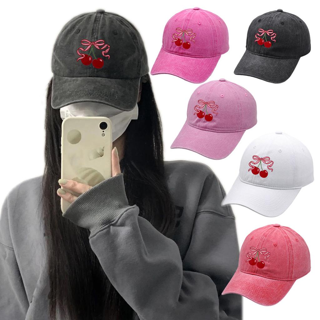 Cotton Baseball Caps with Cherry Bowknot Print Adjustable Size Truckers Hat For Sun Protections Women Teens Daily Wear