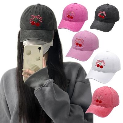 Cotton Baseball Caps with Cherry Bowknot Print Adjustable Size Truckers Hat For Sun Protections Women Teens Daily Wear