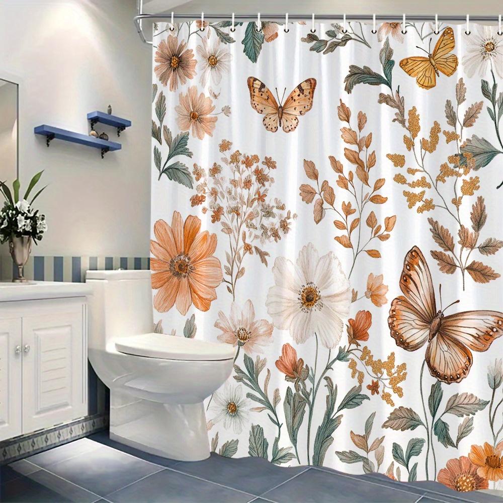 1 Botanical Floral Shower Curtain With Orange, White And Cream Flowers, Delicate Butterflies And Green Leaves