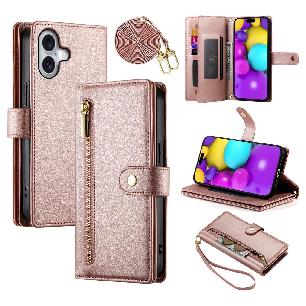 DF-011 For iPhone 16 Case Anti-Drop Leather Wallet Phone Cover with Long / Short Straps