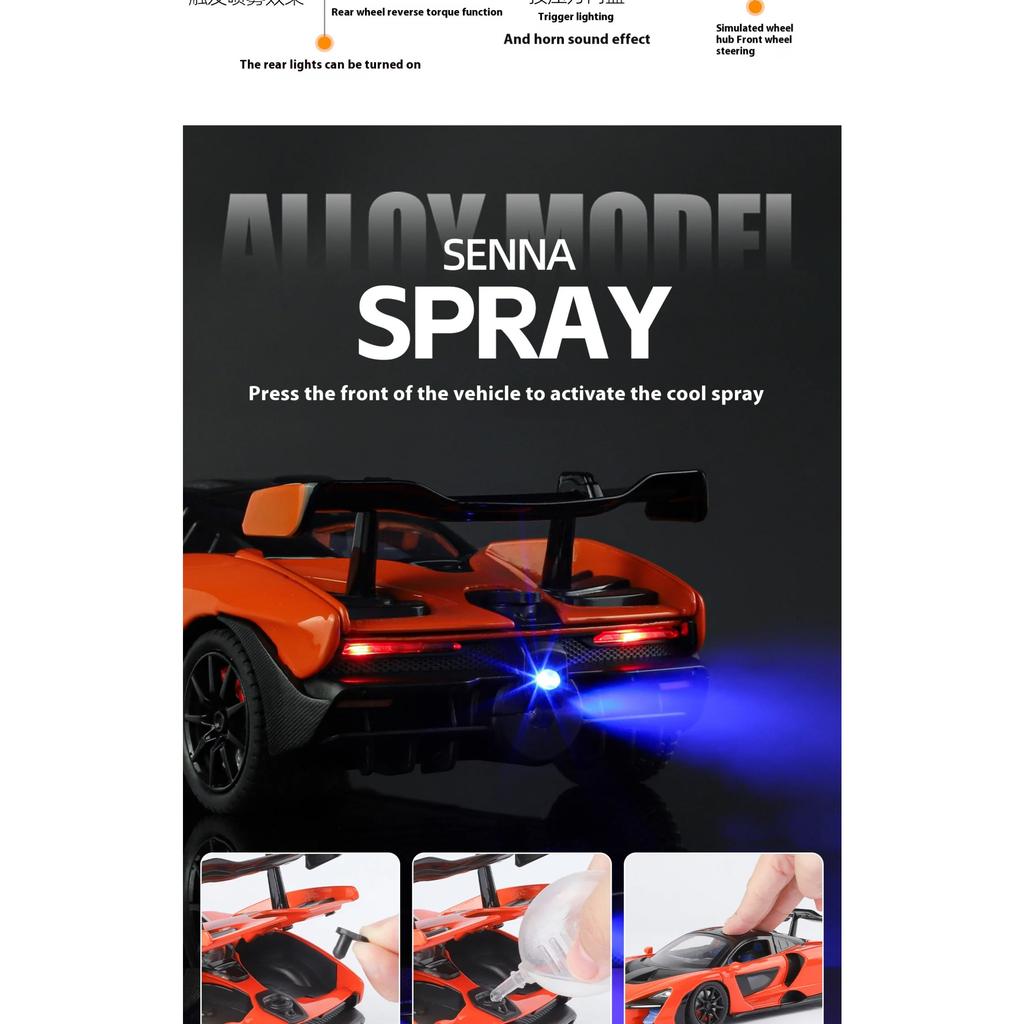 1/24 McLaren Senna Spray Sports Car Model Simulation Sound and Light Car Model Ornament Boy Gift Halloween Toys