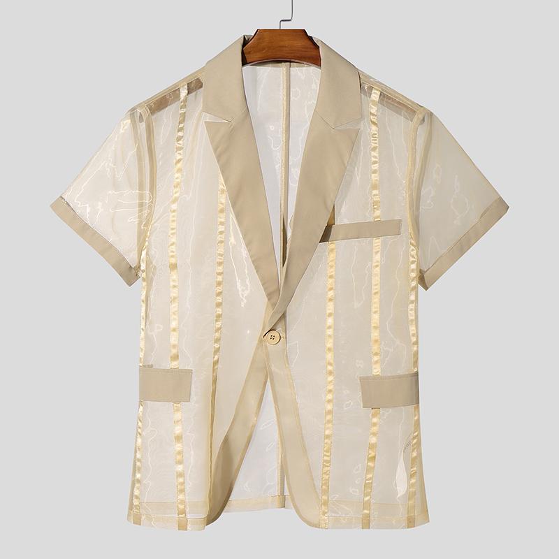 INCERUN Men Summer Deep V Striped Stitching See Through Mesh Sheer One Button Shirts