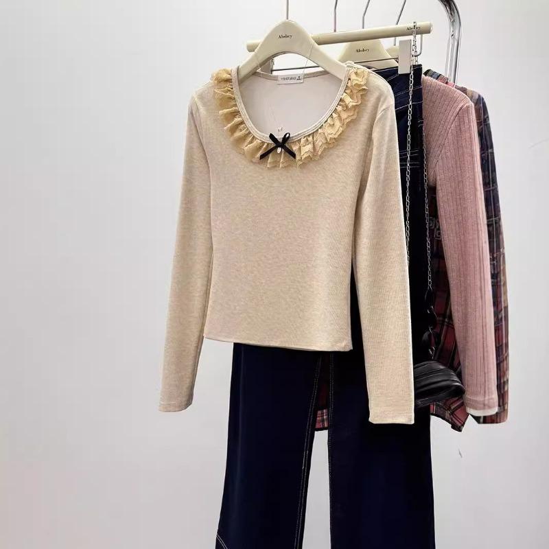 Designed and comfortable long-sleeved shirt women's early autumn thin trendy lace slim bottoming shirt round neck top