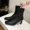 7CM fashionable and foreign style is thin, elastic and thin boots, female celebrity style versatile splicing square head thin heel small short boots, 