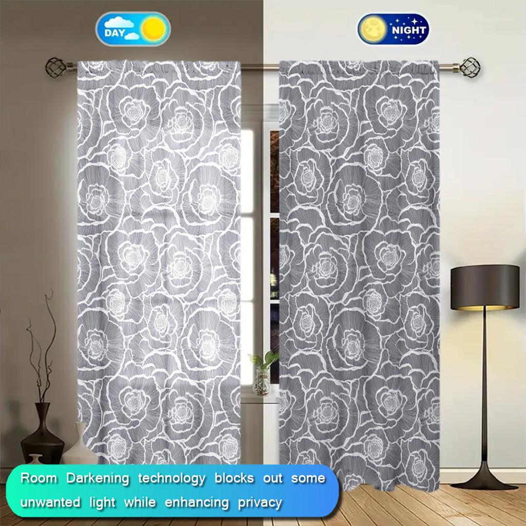 2pcs Grey Rose Pattern Printed Curtain for Home Decor - Rod Pocket Window Treatment for Bedroom, Office, Kitchen, Living Room