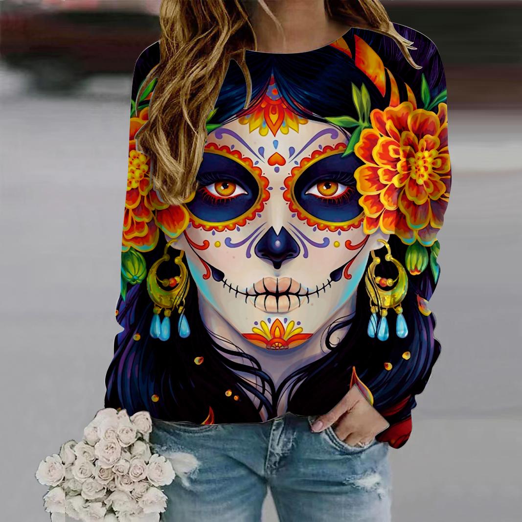 

Fall Autumn Women S Fashion O Neck Long Sleeve T-Shirt Loose Clothes Rose Skull Print T Shirt 8XL помаранчевий