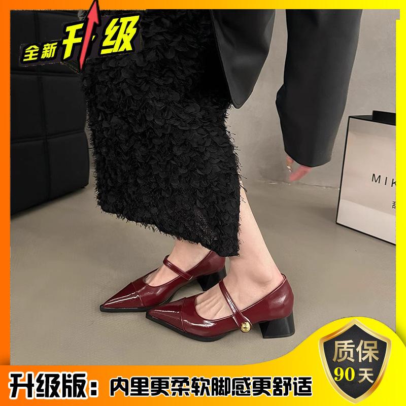 

Остроносые маленькие кожаные туфли женские 2025 новая весна толстый каблук низкий каблук высокий каблук ретро французский темперамент Мэри Джейн туфли-лодочки 40 бордовый
