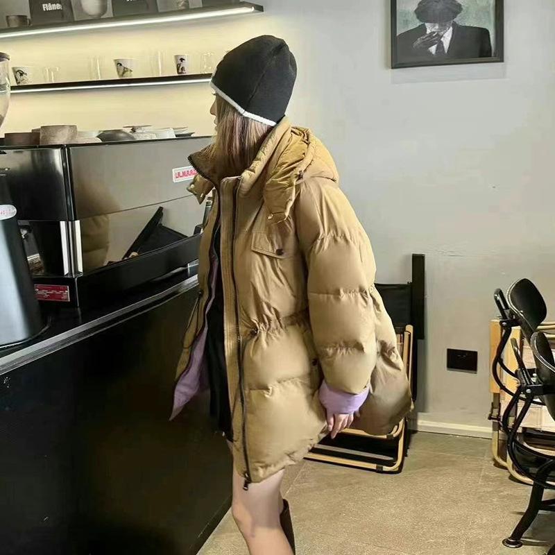 

European contrasting color white duck down jacket women s short 2025 winter fashion waist thin tooling thickened warm jacket S хаки