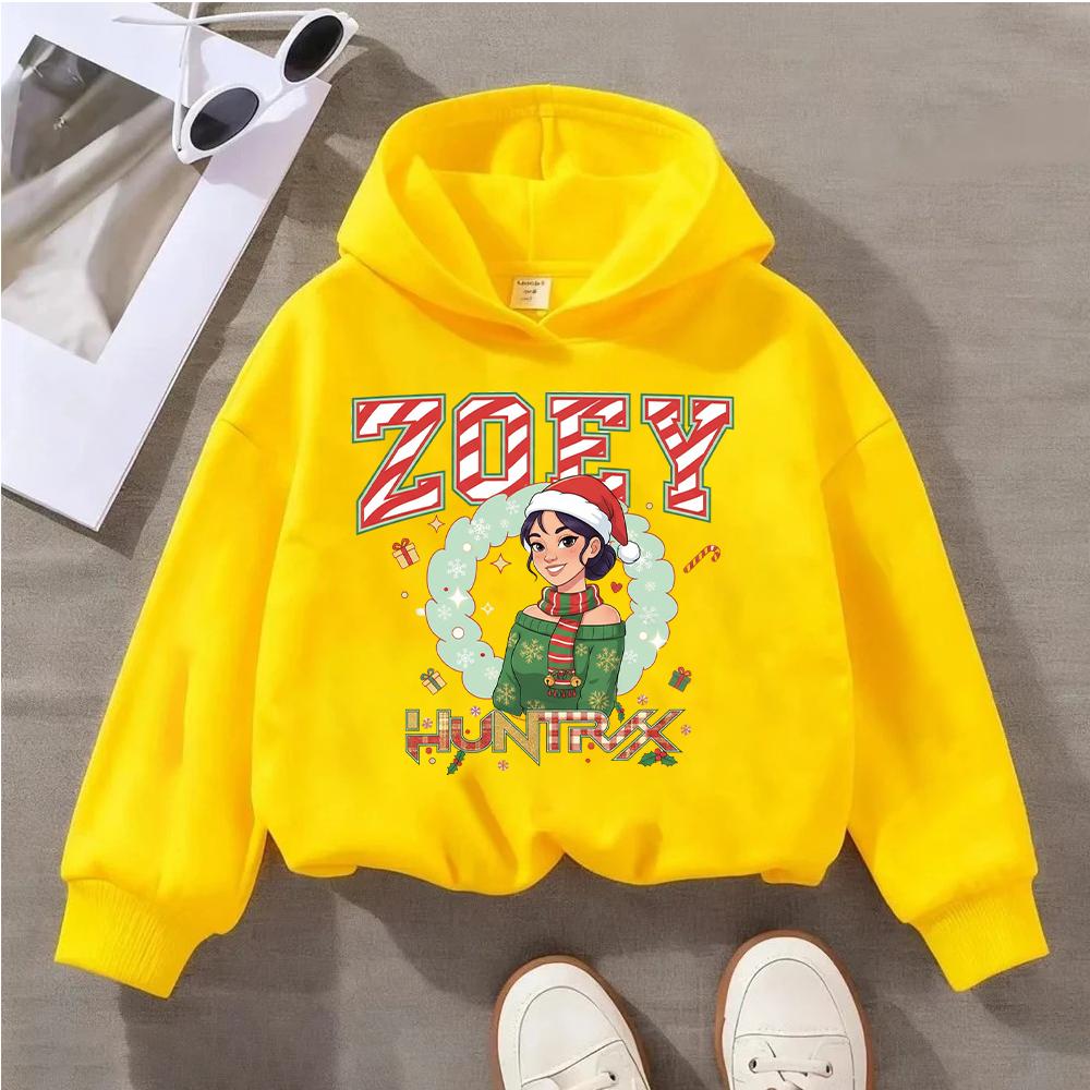 

Holiday Christmas Children s Hoodie with ZOEY HUNTRX Design, Green Sweater, Christmas Hat, and Festive Elements for Girls Clothing 100