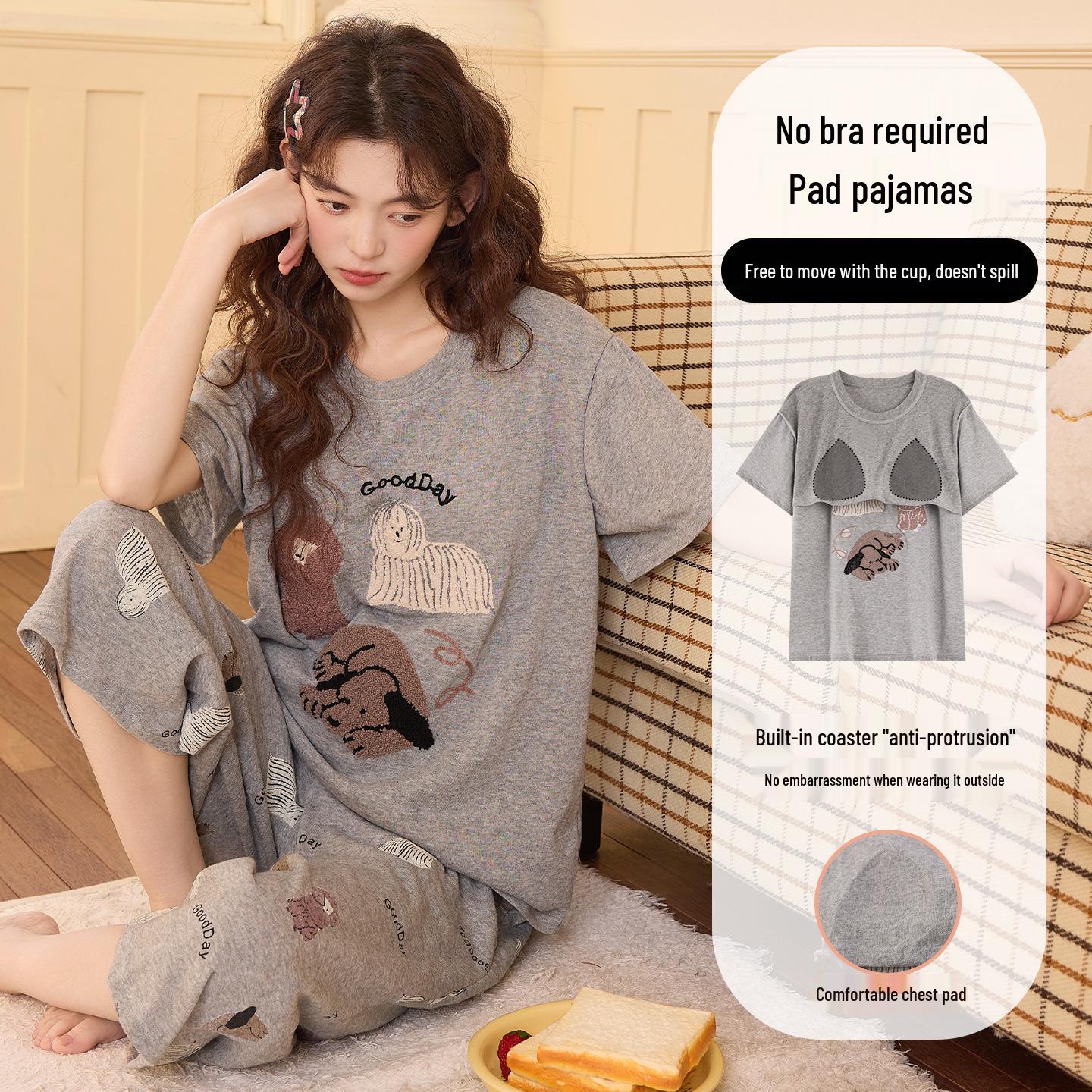 Women s Cute Snowflake Padded Cotton Pajama Set - Summer Short Sleeve Top & Seven-Point Pants 2XL