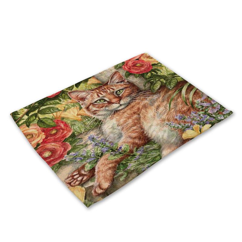 45X30cm Cute Cat Flower Pattern Placemat Dining Table Mats Cotton Linen Drink Coaster Western Pad Cup Mat For Home Decor Gifts