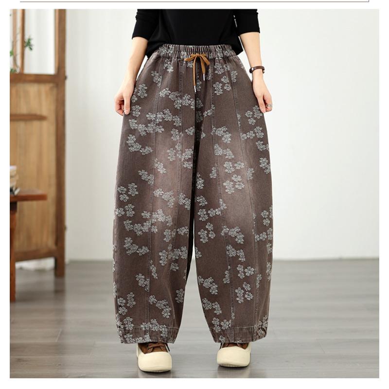 DIMANAF 2026 Autumn Winter New Plus Size Women Jeans Long Pants Floral Print Elastic Waist Loose Casual Denim Cotton Thick Trousers Vintage Lady