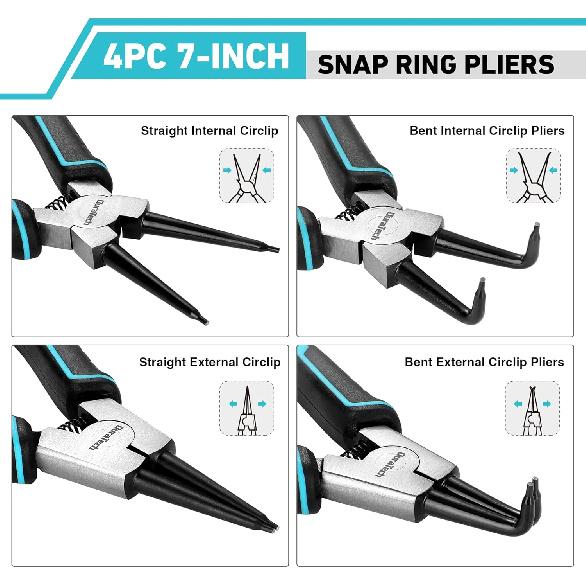 DuraTech 4 PCS Snap Ring Pliers Set, 7 Inch Heavy Duty Internal & External Circlip Pliers Kit with Straight/Bent Jaw, Premium CRV Steel, Precision